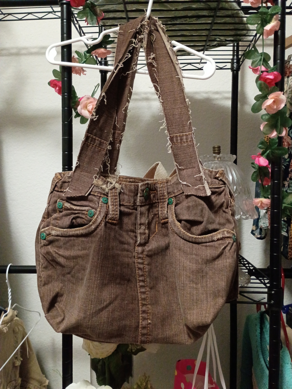 Stitch's Brown Denim-Style Shoulder Bag with Teal Rivet Accents